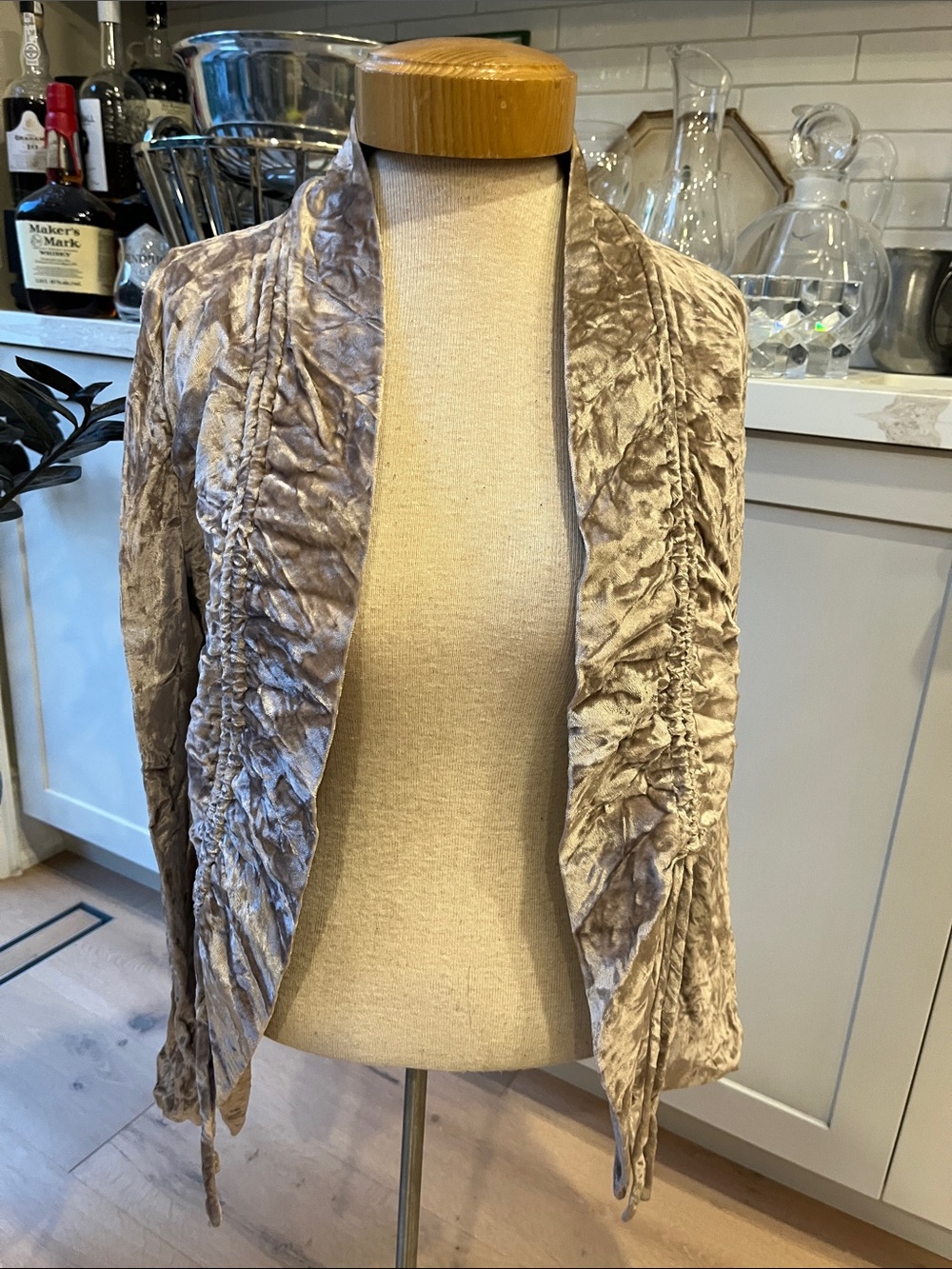 Adolfo Dominguez Crushed Velvet Open-Front Jacket w ruched front panels